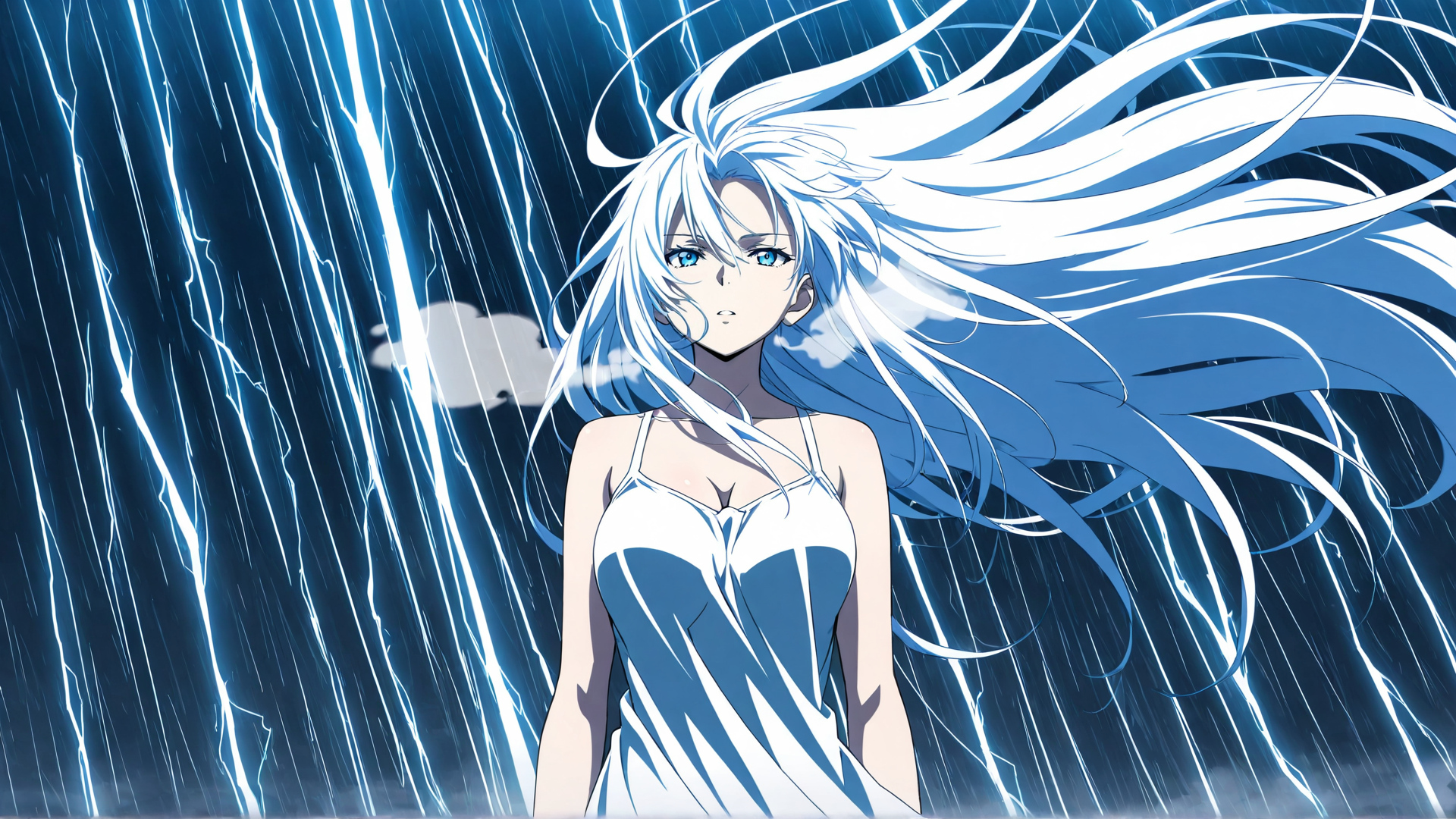 AI generated wallpaper featuring anime girl, white hair, rain, lightning, dress