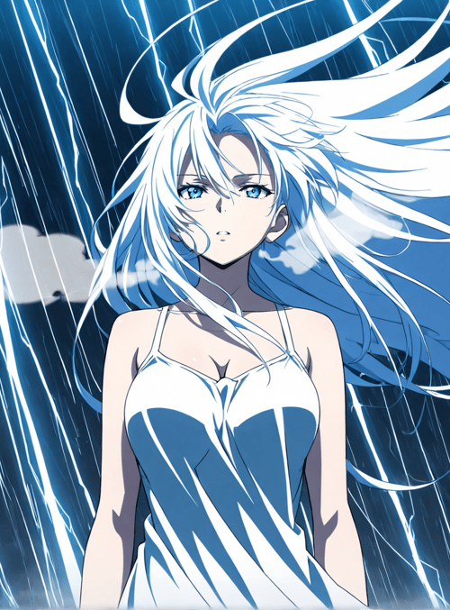 anime girl, white hair, rain, lightning, dress