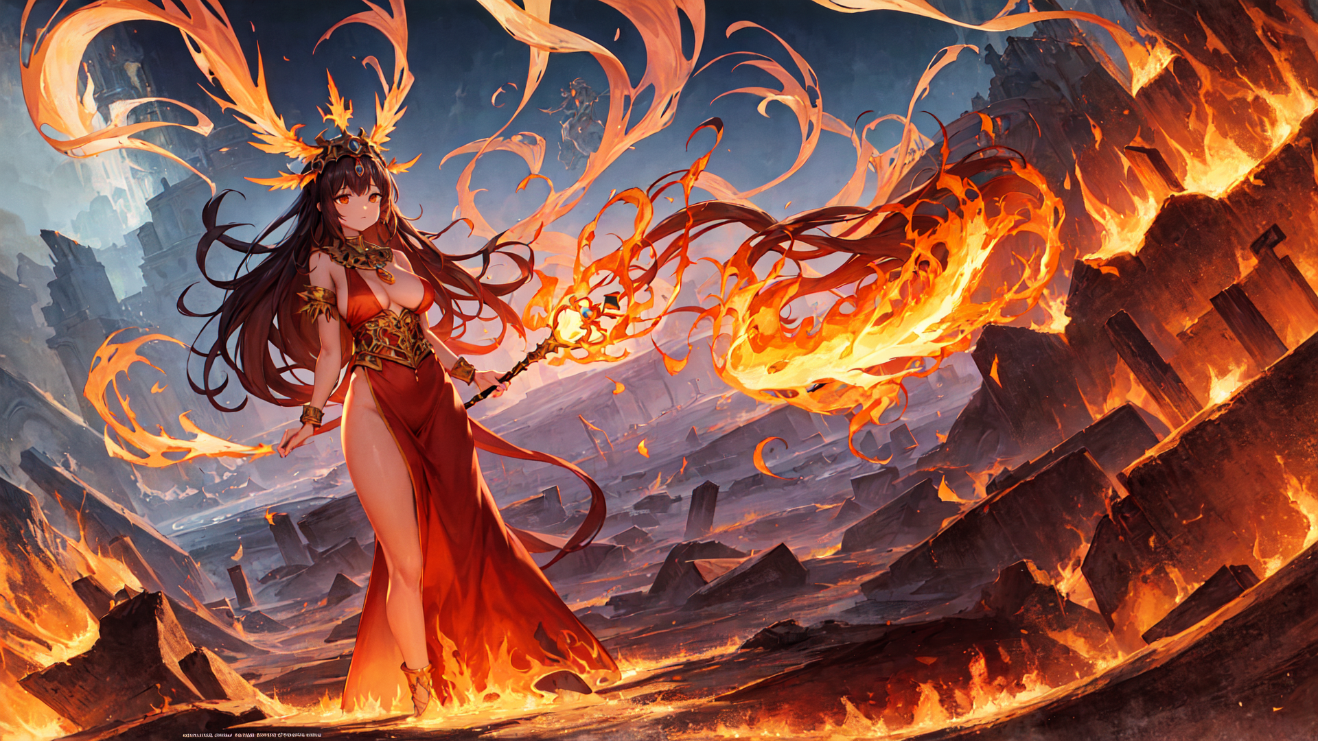 AI generated wallpaper featuring woman, fire, ruins