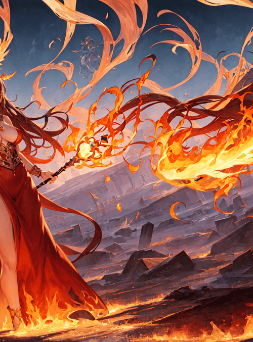 woman, fire, ruins
