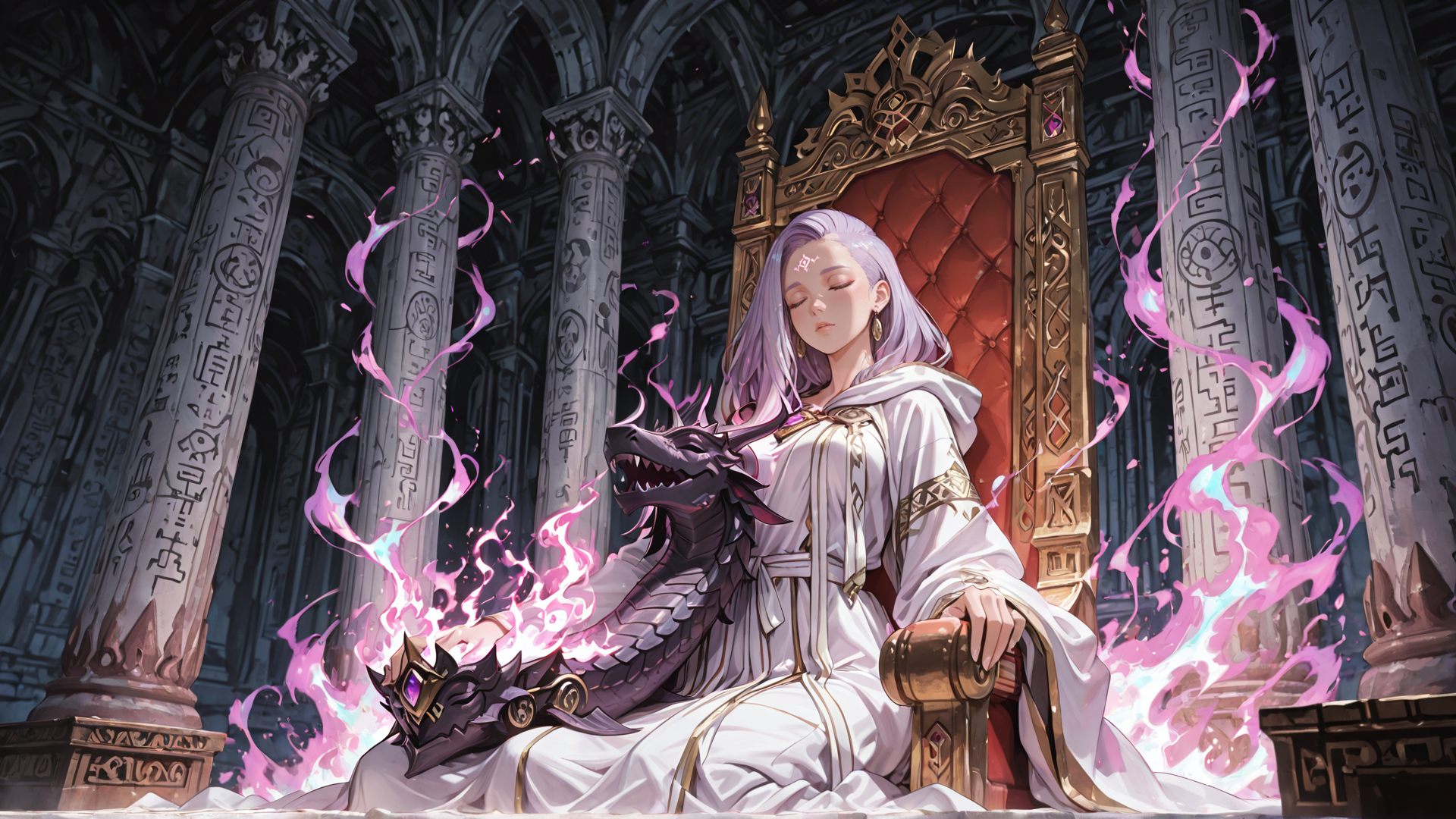 AI generated wallpaper featuring woman, dragon, throne, columns, fire