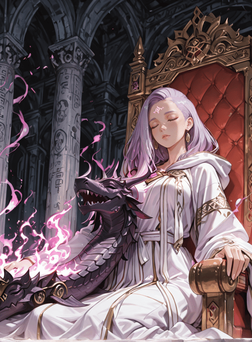woman, dragon, throne, columns, fire