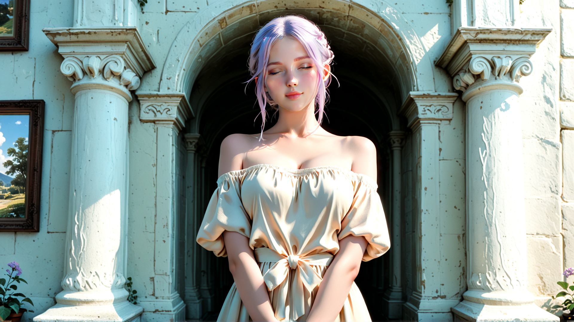 AI generated wallpaper featuring woman, dress, columns, arch, flower