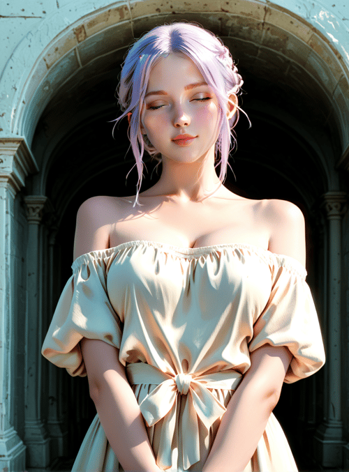 woman, dress, columns, arch, flower