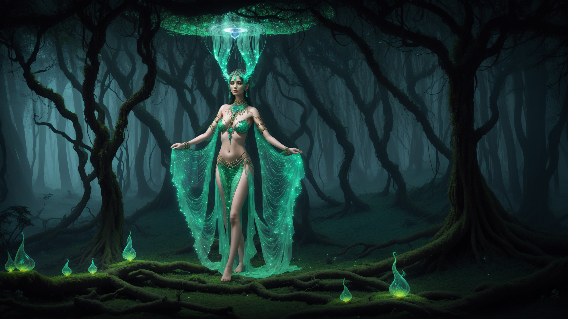 AI generated wallpaper featuring elf, nature spirit, forest