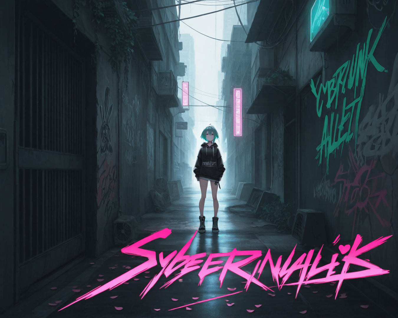 AI generated wallpaper featuring girl, alley, cyberpunk