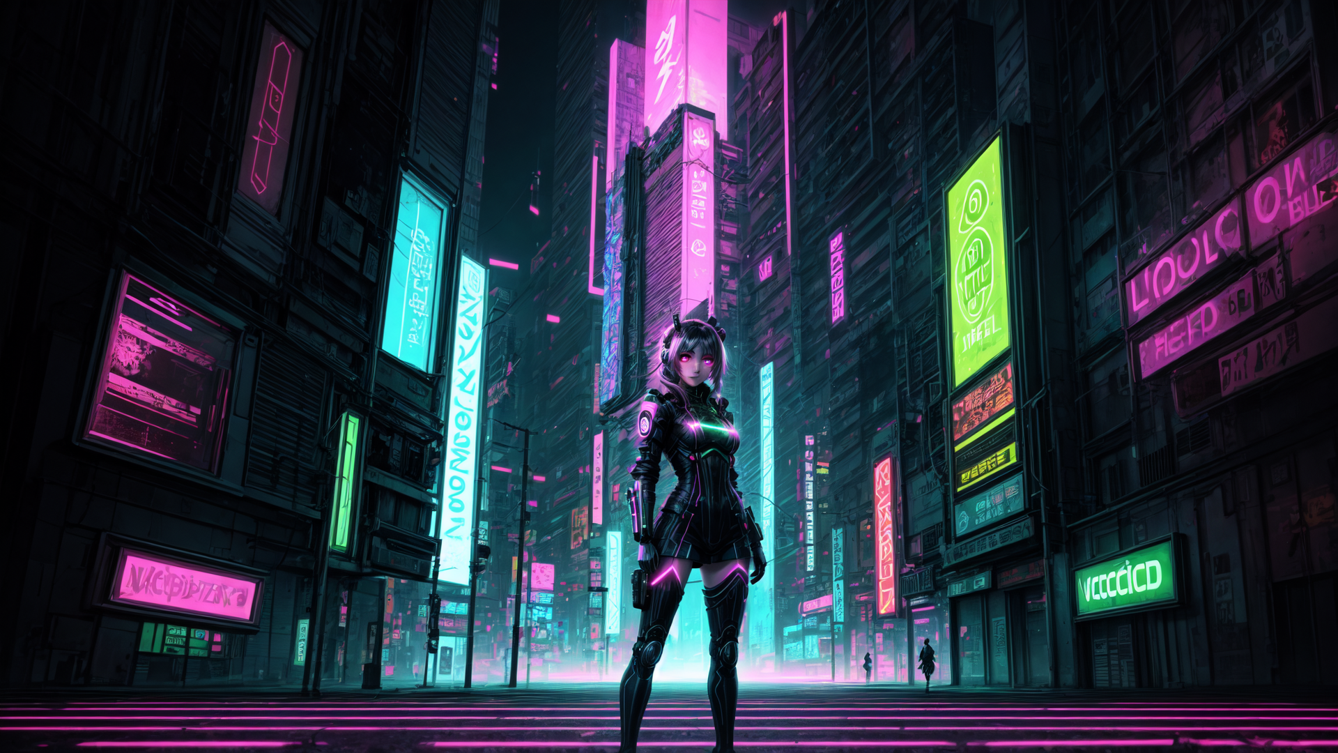 AI generated wallpaper featuring cyberpunk, girl, city, neon, buildings, signs, street, futuristic, character, urban
