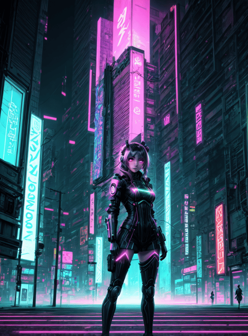 cyberpunk, girl, city, neon, buildings, signs, street, futuristic, character, urban