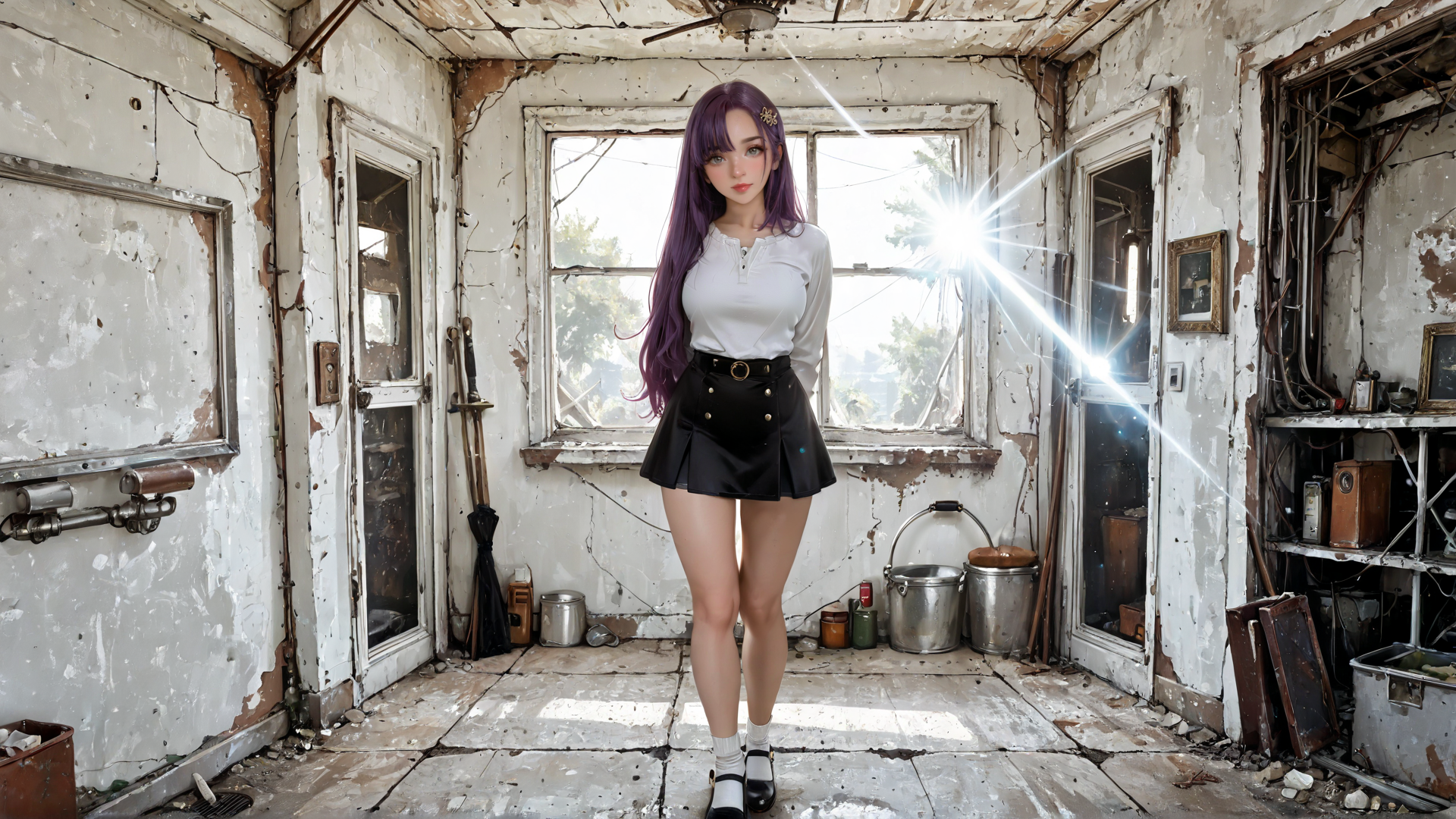 AI generated wallpaper featuring woman, purple hair, white top, black skirt, shoes, room, windows, broom, buckets, paintings