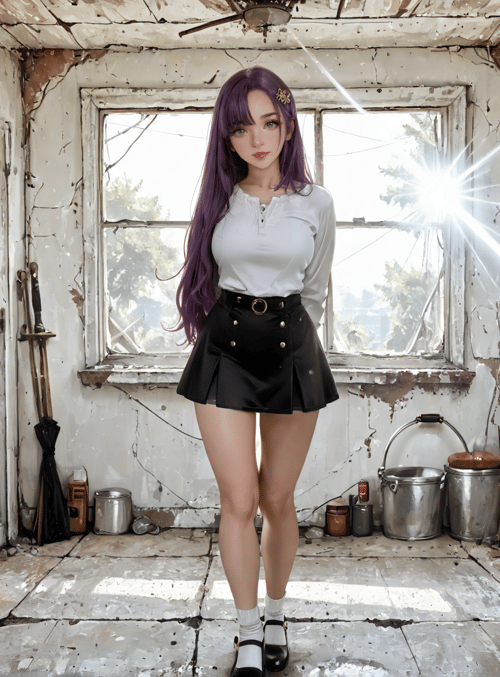 woman, purple hair, white top, black skirt, shoes, room, windows, broom, buckets, paintings