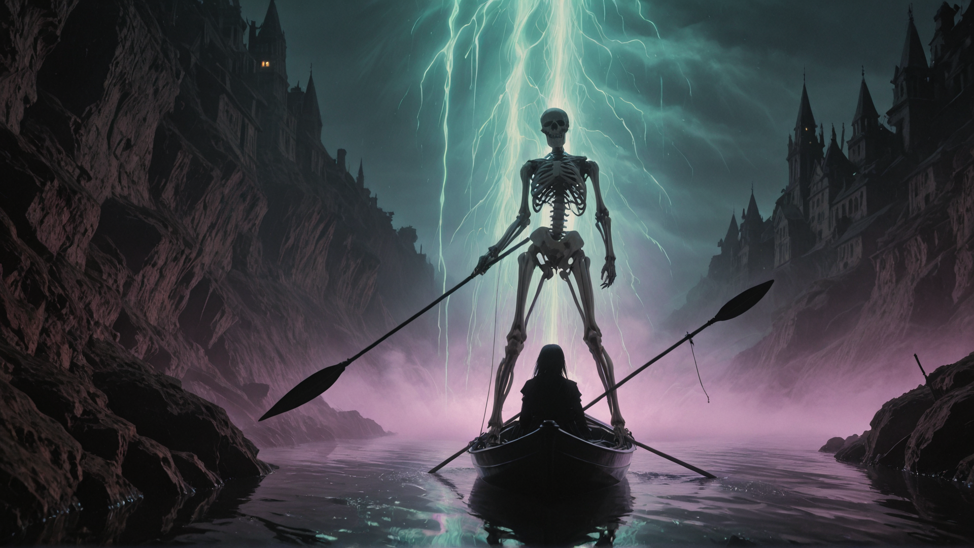 AI generated wallpaper featuring skeleton, boat, figure
