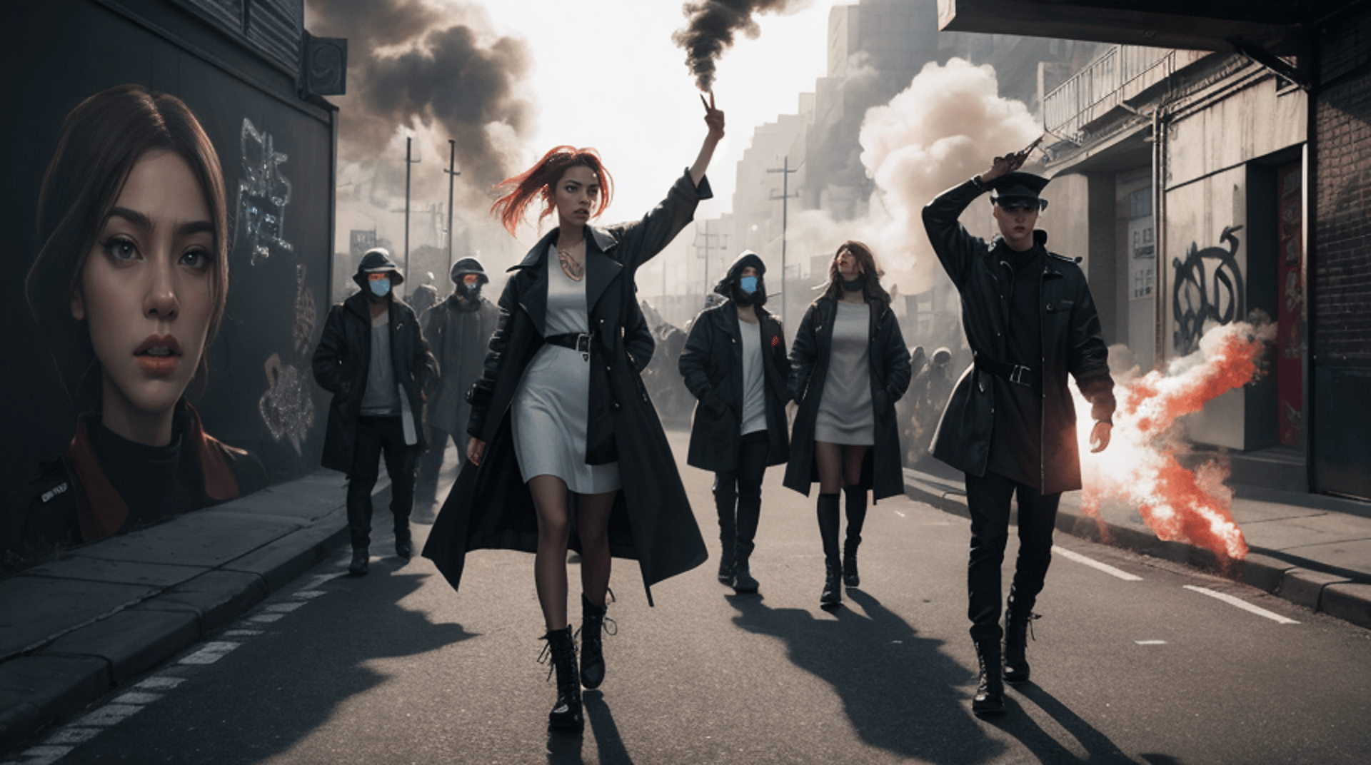 AI generated wallpaper featuring protesters, urban, smoke