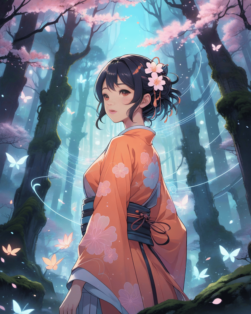 AI generated wallpaper featuring girl, butterfly, cherry tree