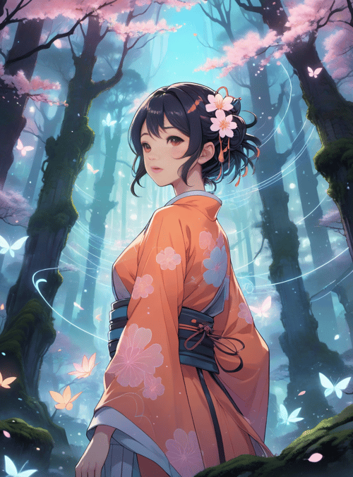 girl, butterfly, cherry tree
