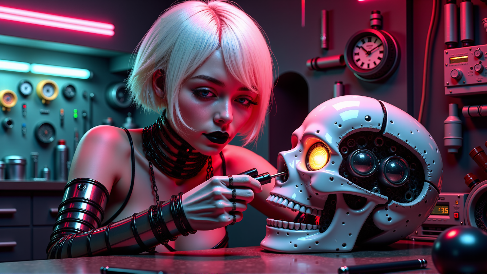 AI generated wallpaper featuring cyborg, robotic skull, mechanical