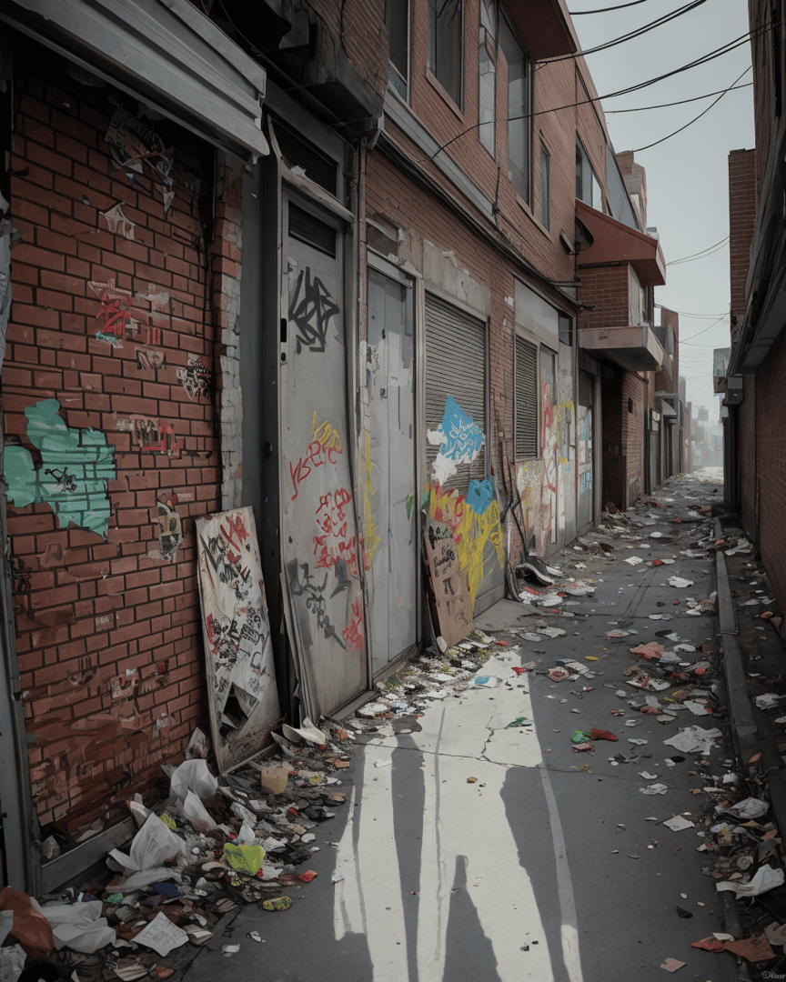 AI generated wallpaper featuring alley, graffiti, trash