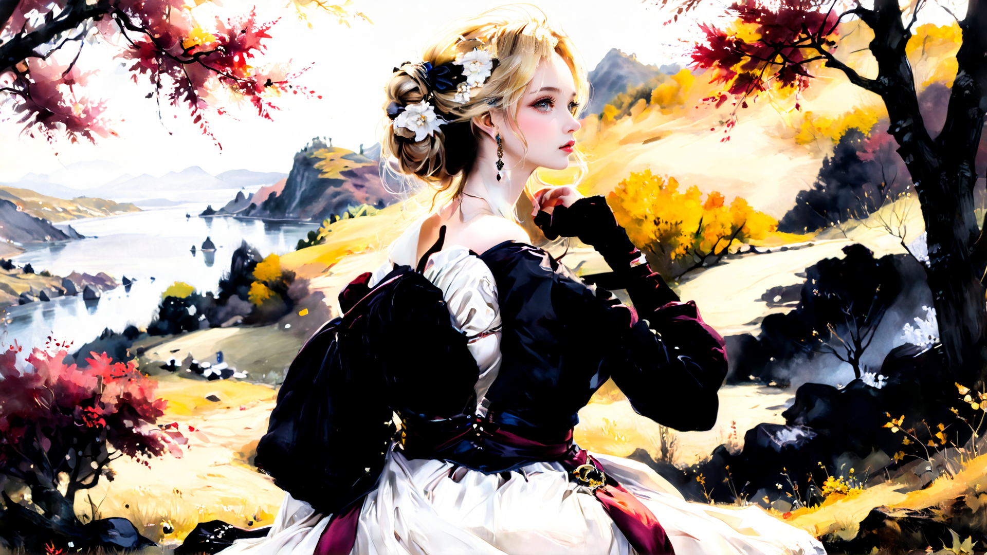 AI generated wallpaper featuring woman, nature, landscape