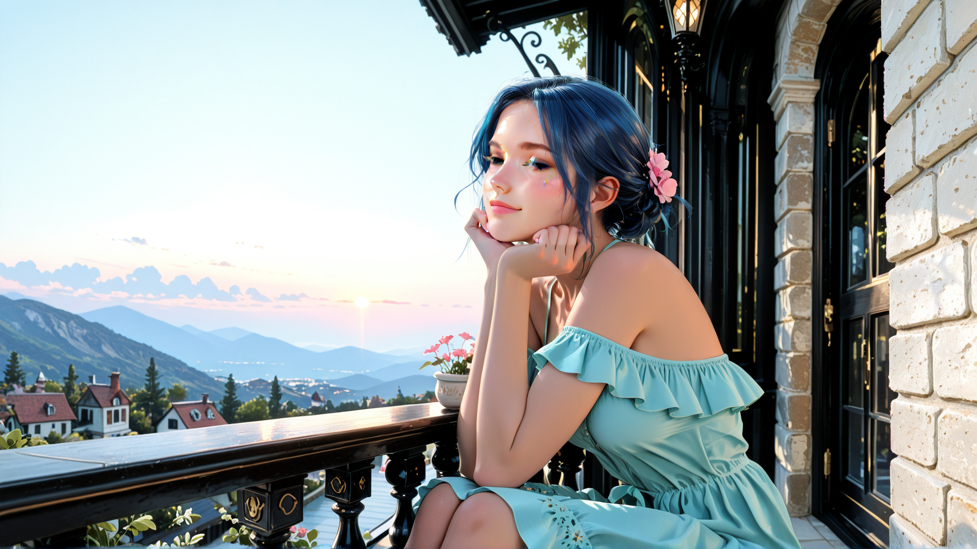 AI generated wallpaper featuring woman, balcony, dress, flowers, mountains, sunset, house, sun, breeze, hair