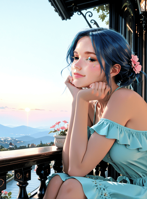 woman, balcony, dress, flowers, mountains, sunset, house, sun, breeze, hair
