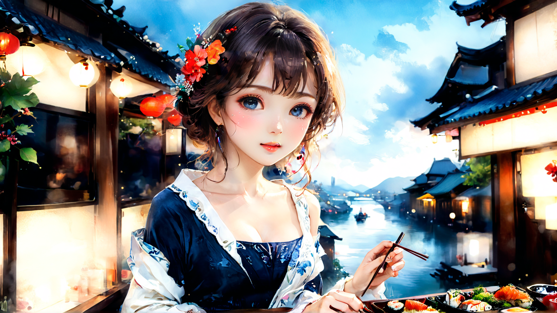 AI generated wallpaper featuring girl, chinese street, sushi