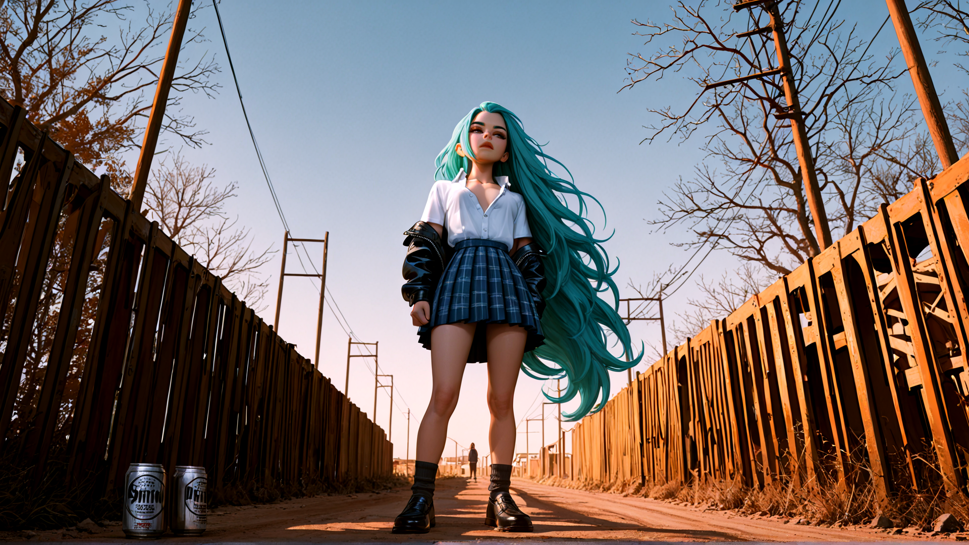 AI generated wallpaper featuring girl, fence, cans, power lines, trees