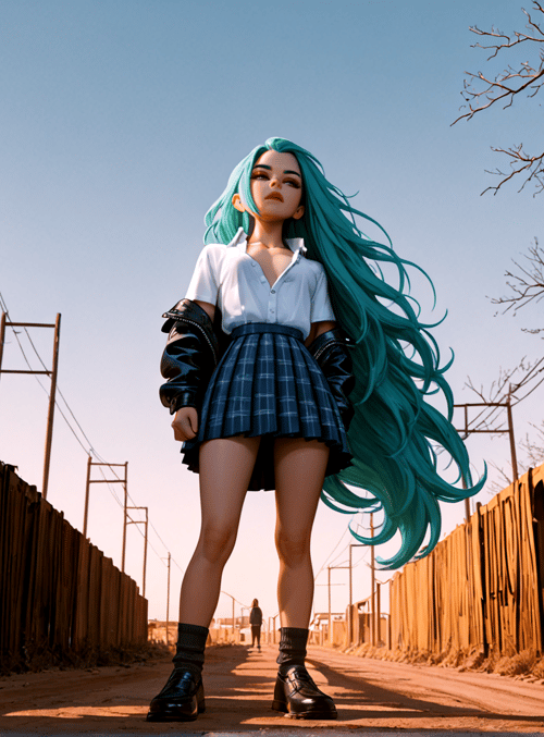 girl, fence, cans, power lines, trees