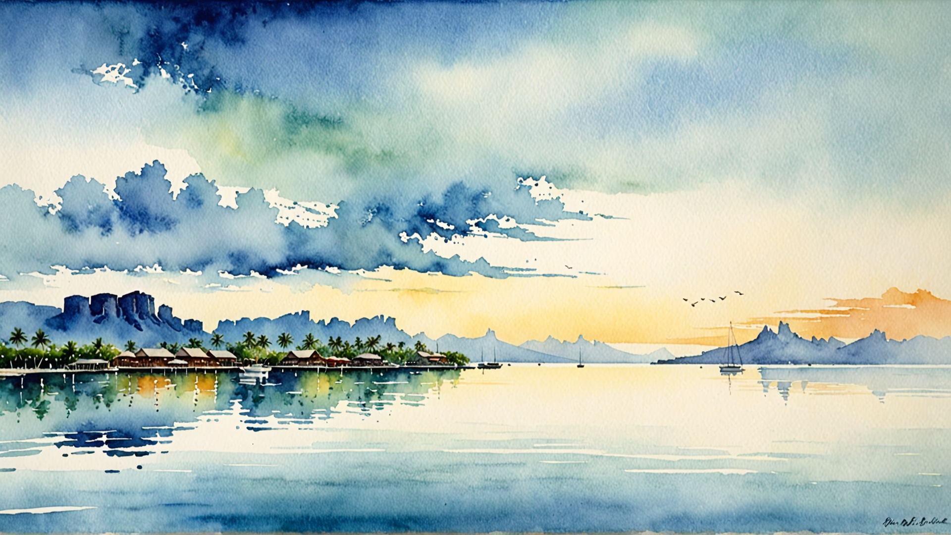 AI generated wallpaper featuring water, sky, clouds, mountains, island, houses, palm trees, sailboat, reflection, birds