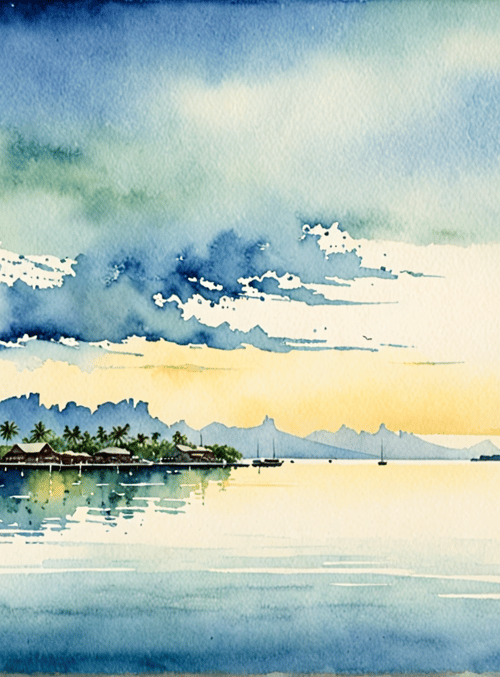 water, sky, clouds, mountains, island, houses, palm trees, sailboat, reflection, birds