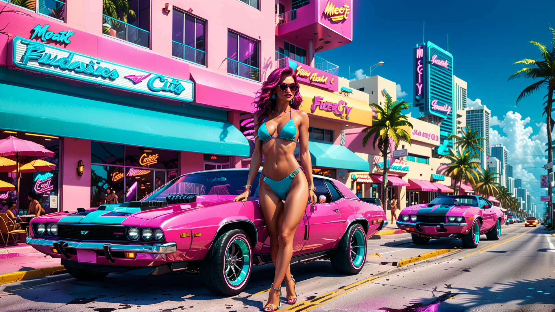 AI generated wallpaper featuring woman, car, city