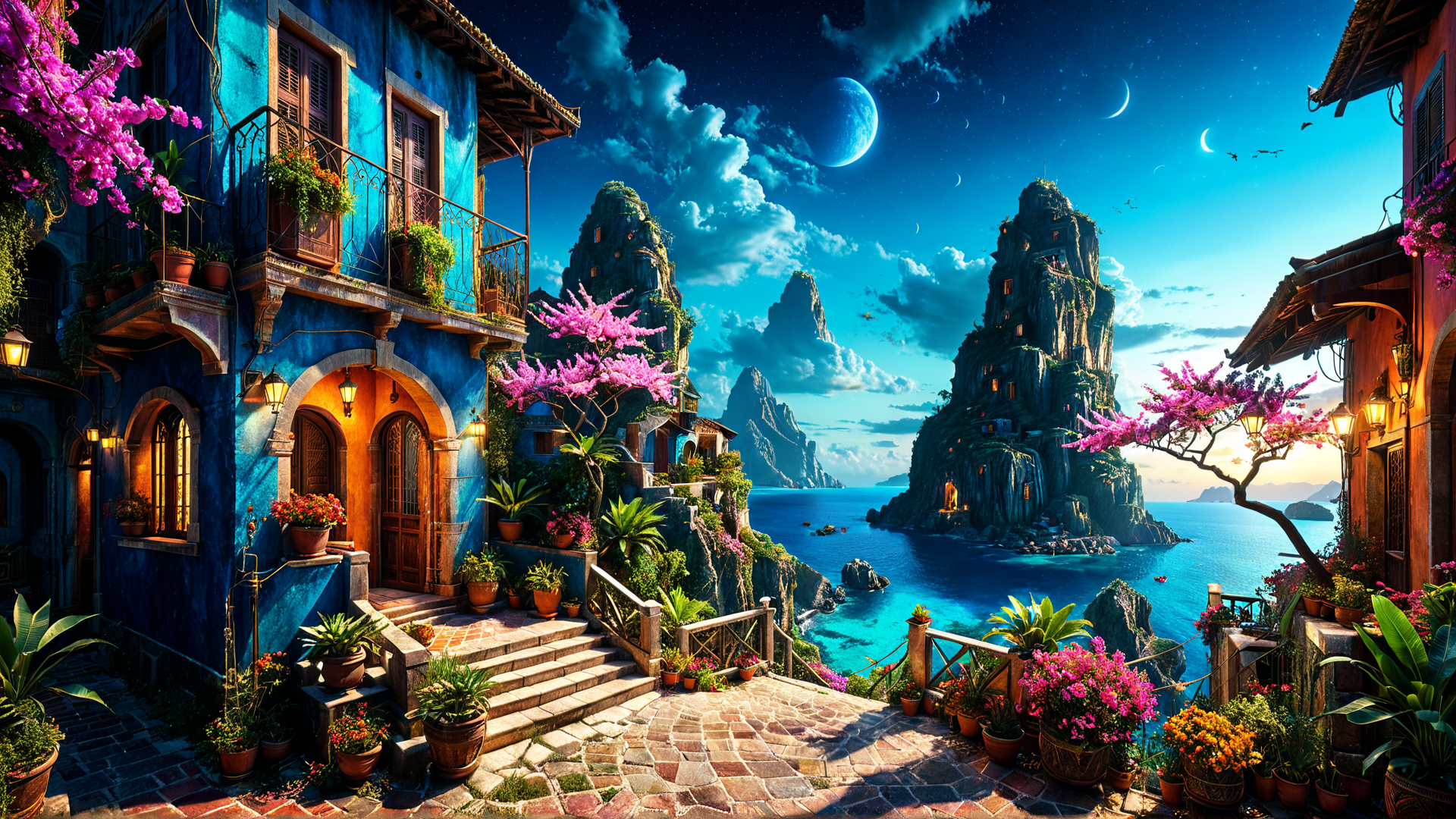 AI generated wallpaper featuring buildings, mountains, flowers, sea, moon