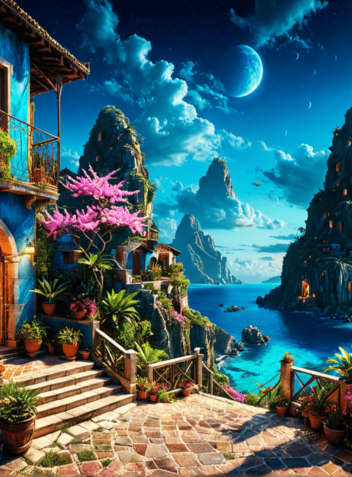 buildings, mountains, flowers, sea, moon