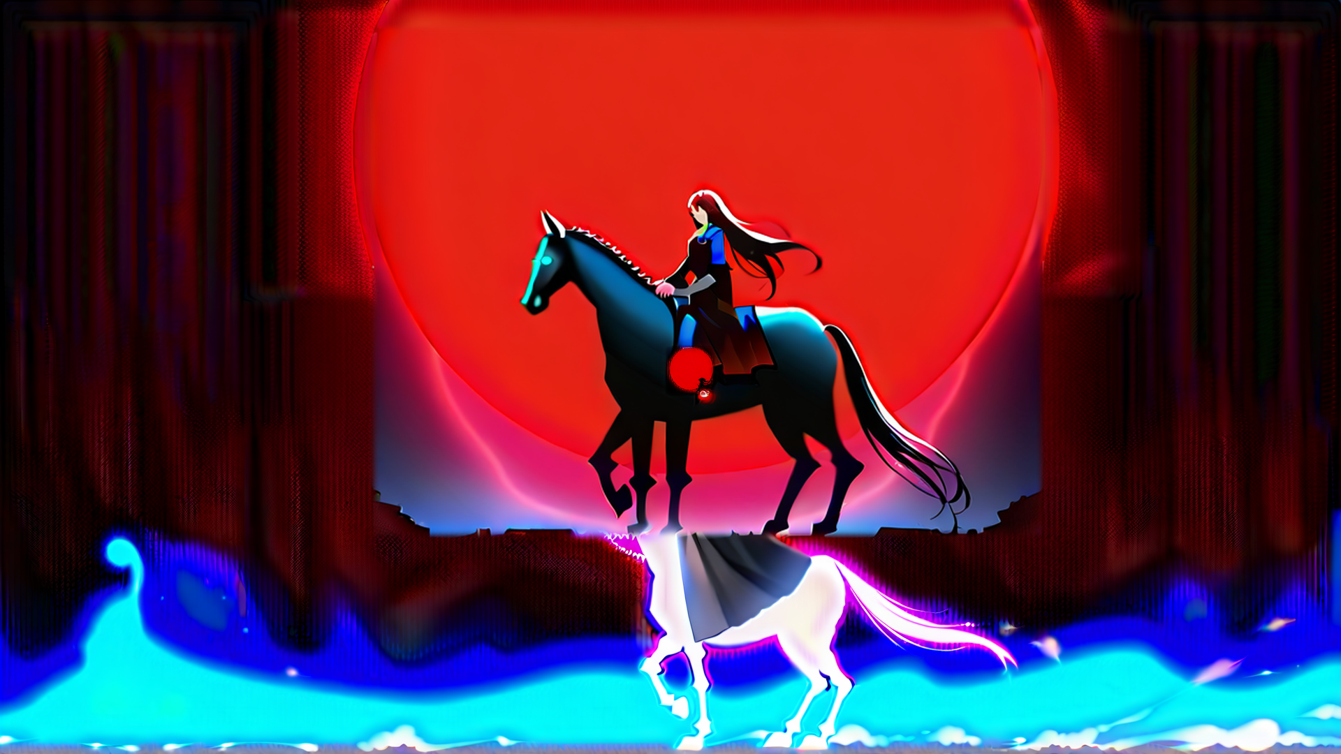 AI generated wallpaper featuring girl, horse, red moon, water
