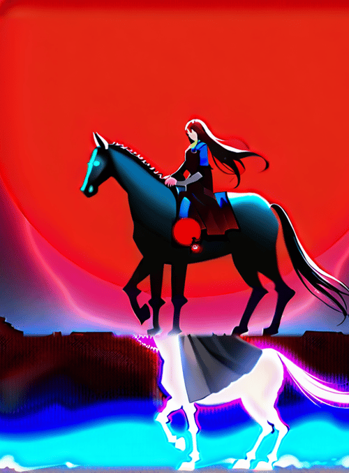 girl, horse, red moon, water