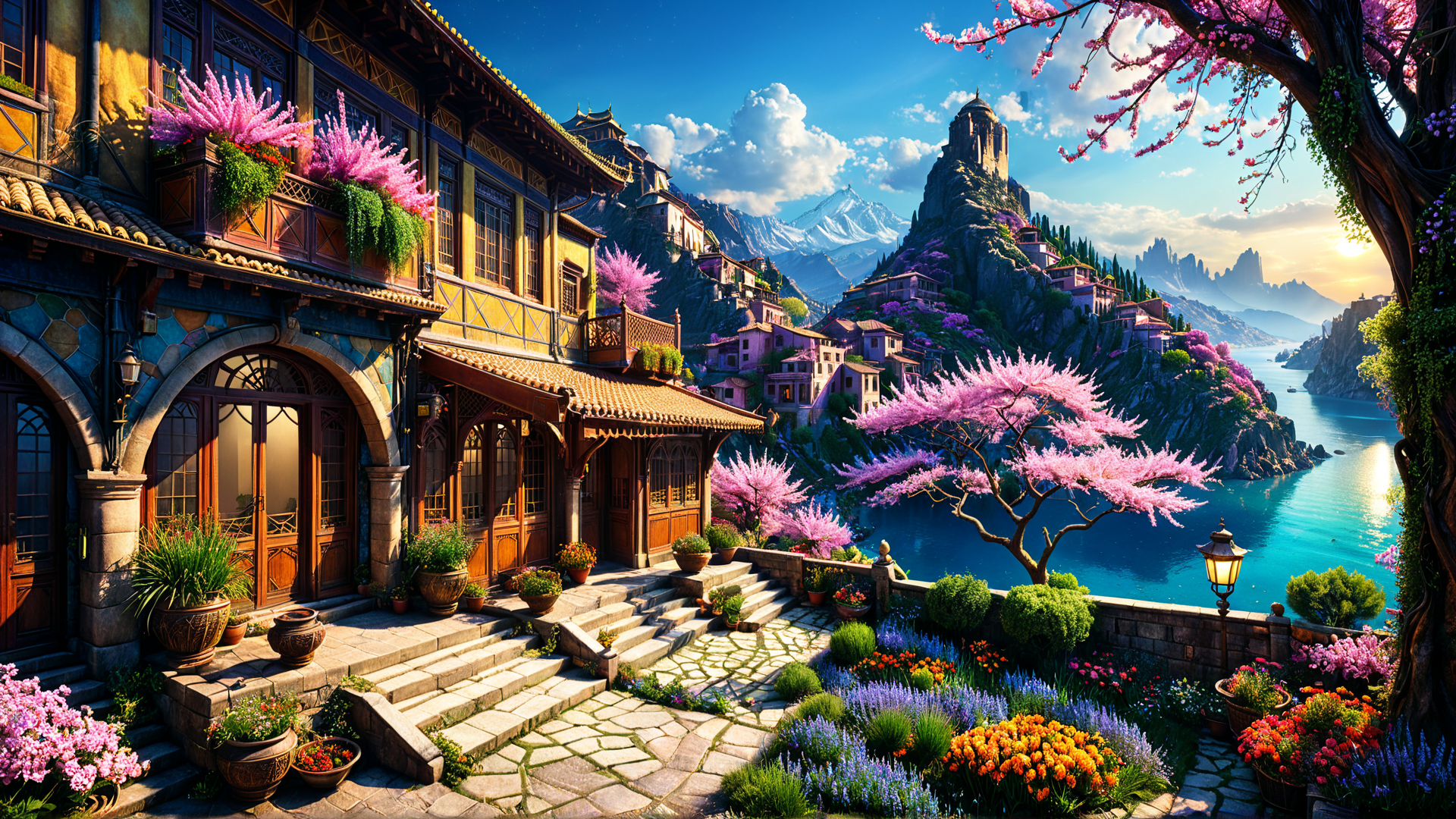 AI generated wallpaper featuring village, house, flowers, mountains, water