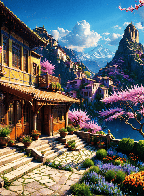 village, house, flowers, mountains, water