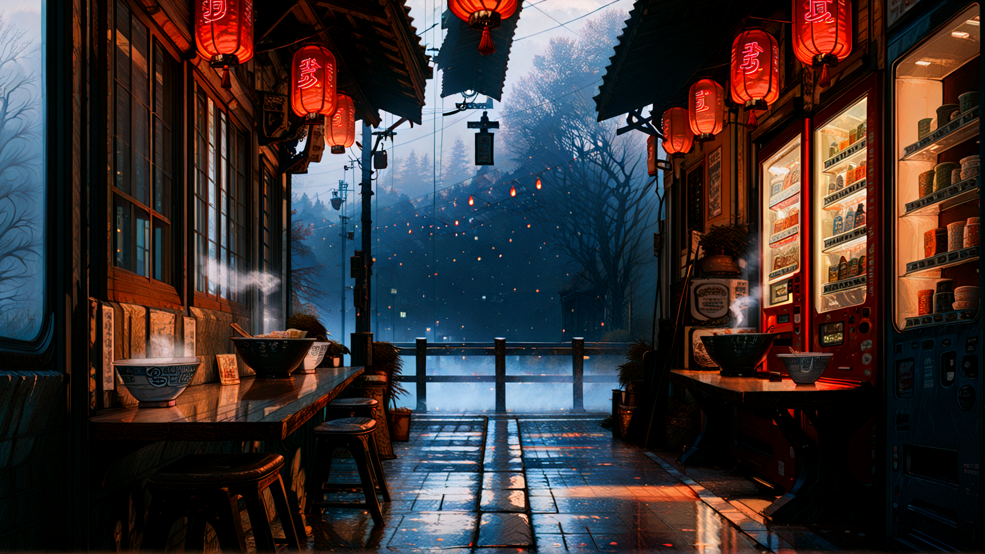 AI generated wallpaper featuring street, lantern, shop, food, bowl, refrigerator, table, stool, tree, building