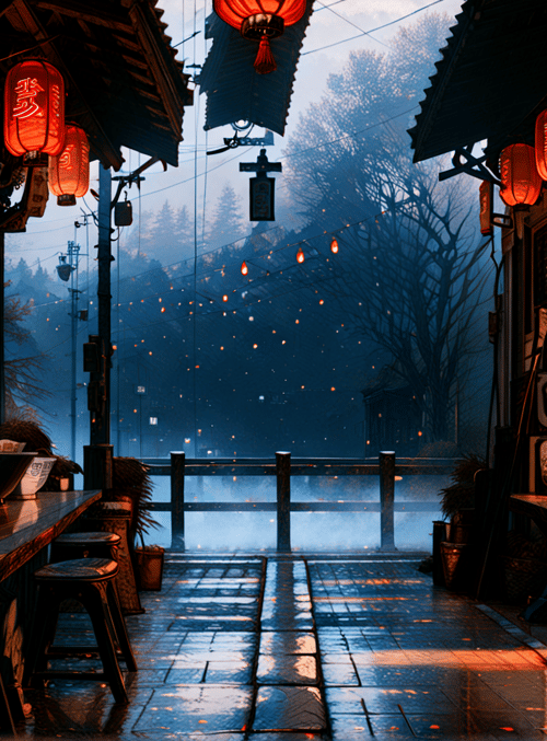 street, lantern, shop, food, bowl, refrigerator, table, stool, tree, building