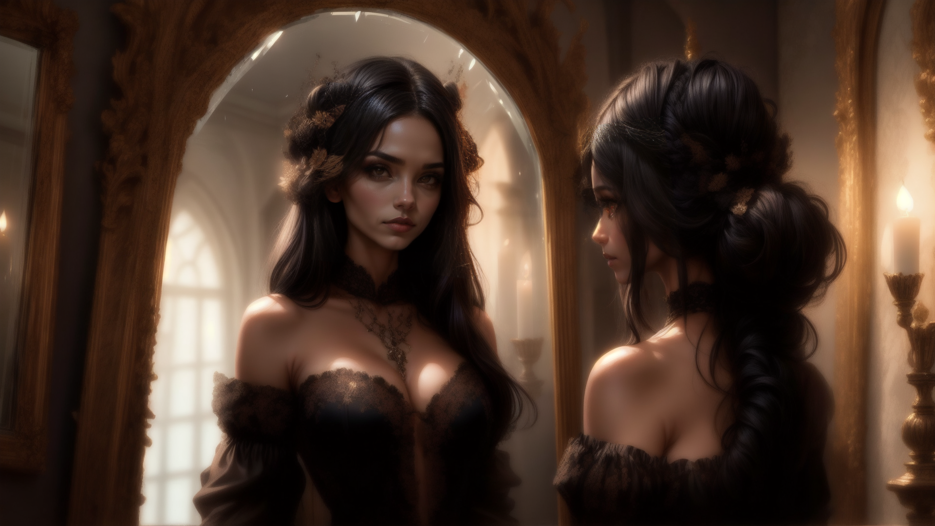 AI generated wallpaper featuring woman, mirror, chignon