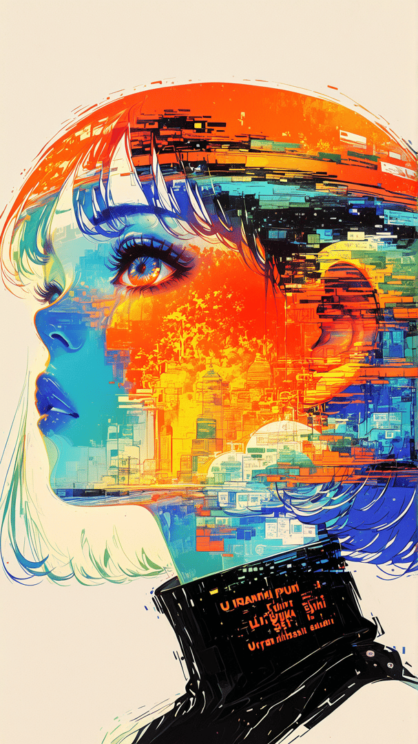 AI generated wallpaper featuring face, cityscape, robot, woman