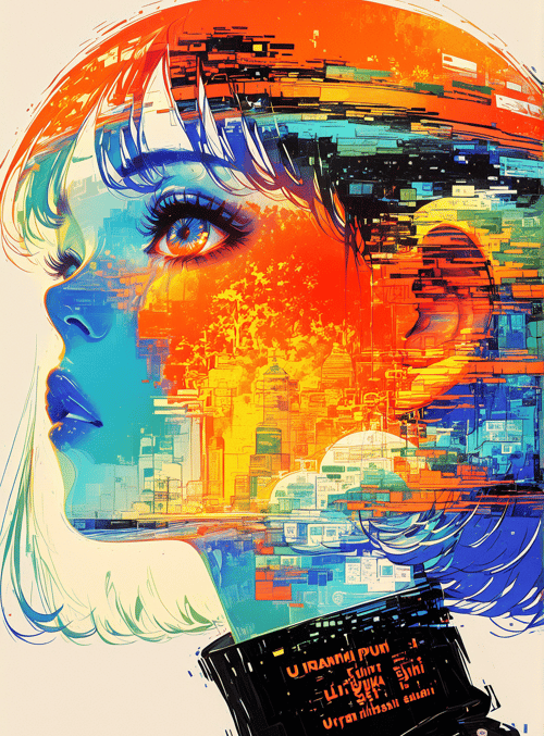 face, cityscape, robot, woman
