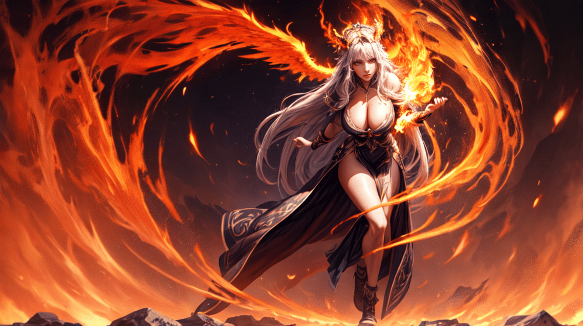 AI generated wallpaper featuring woman, fire, angel