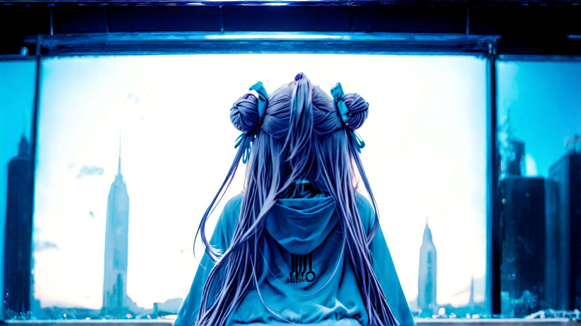 AI generated wallpaper featuring girl, anime, city