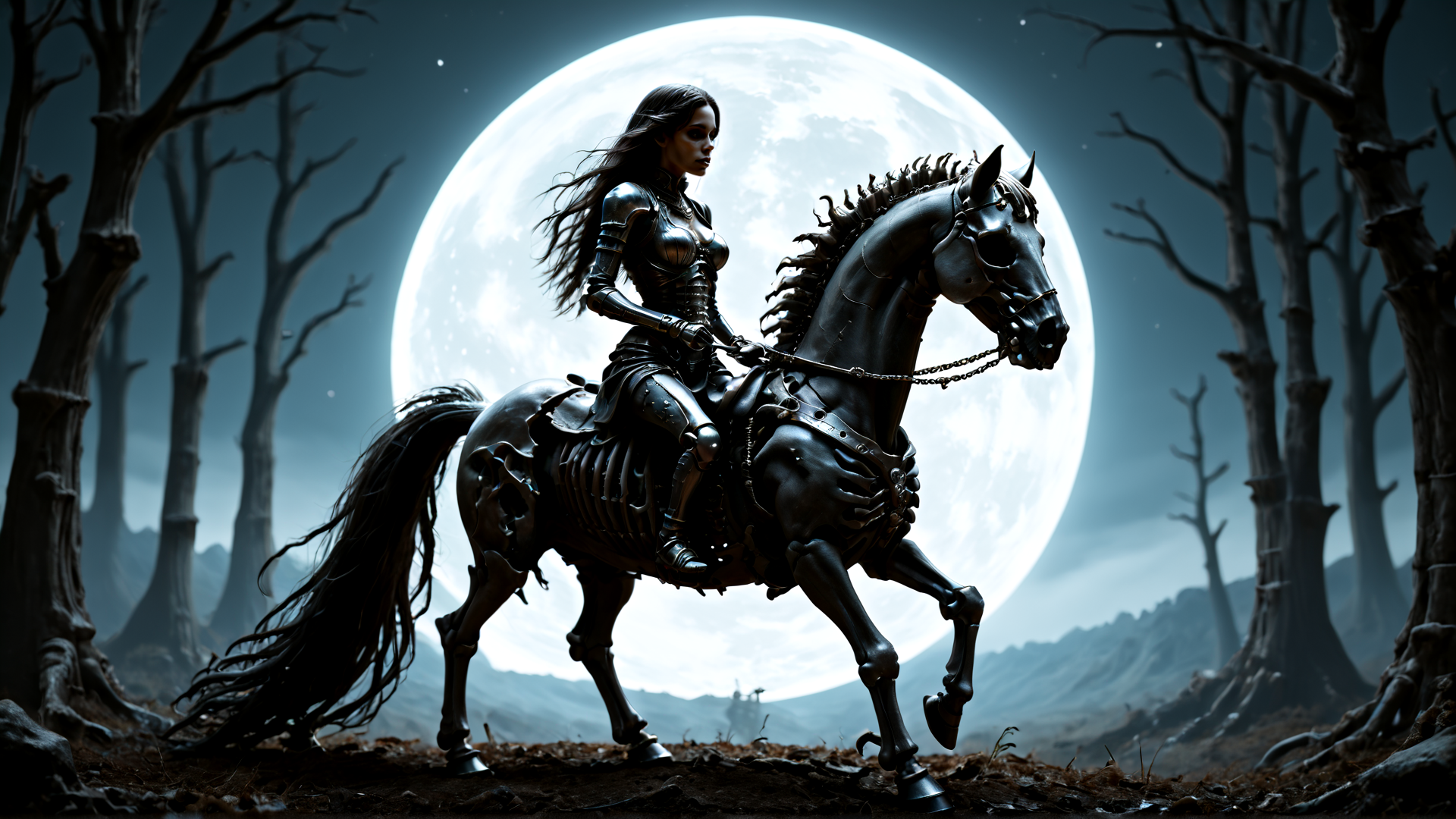 AI generated wallpaper featuring woman, horse, forest, moon
