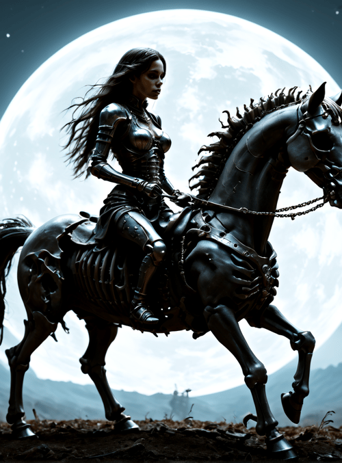 woman, horse, forest, moon