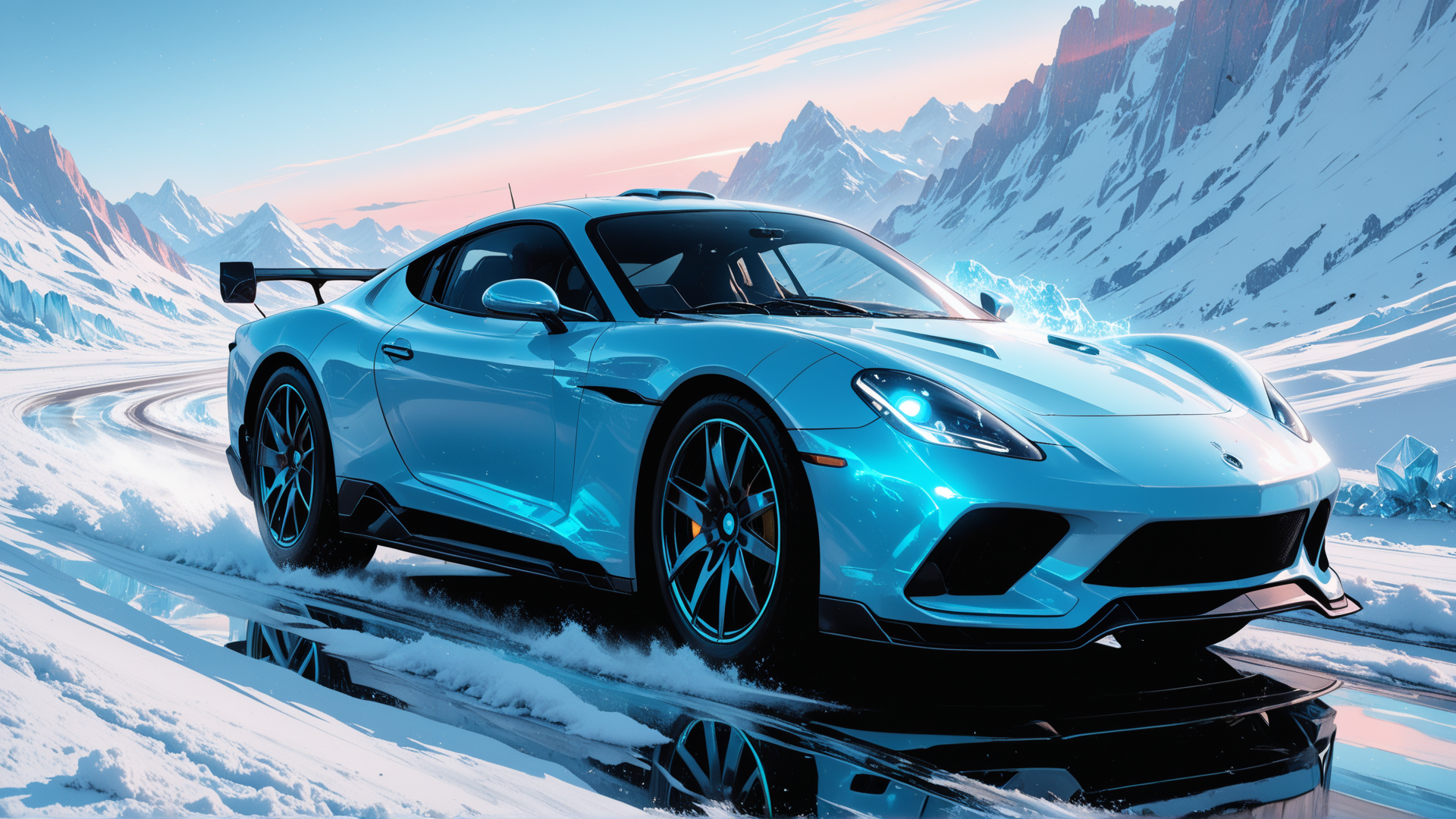 AI generated wallpaper featuring car, mountains, ice, road, sky