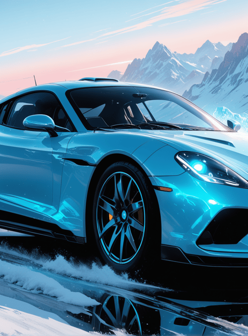 car, mountains, ice, road, sky