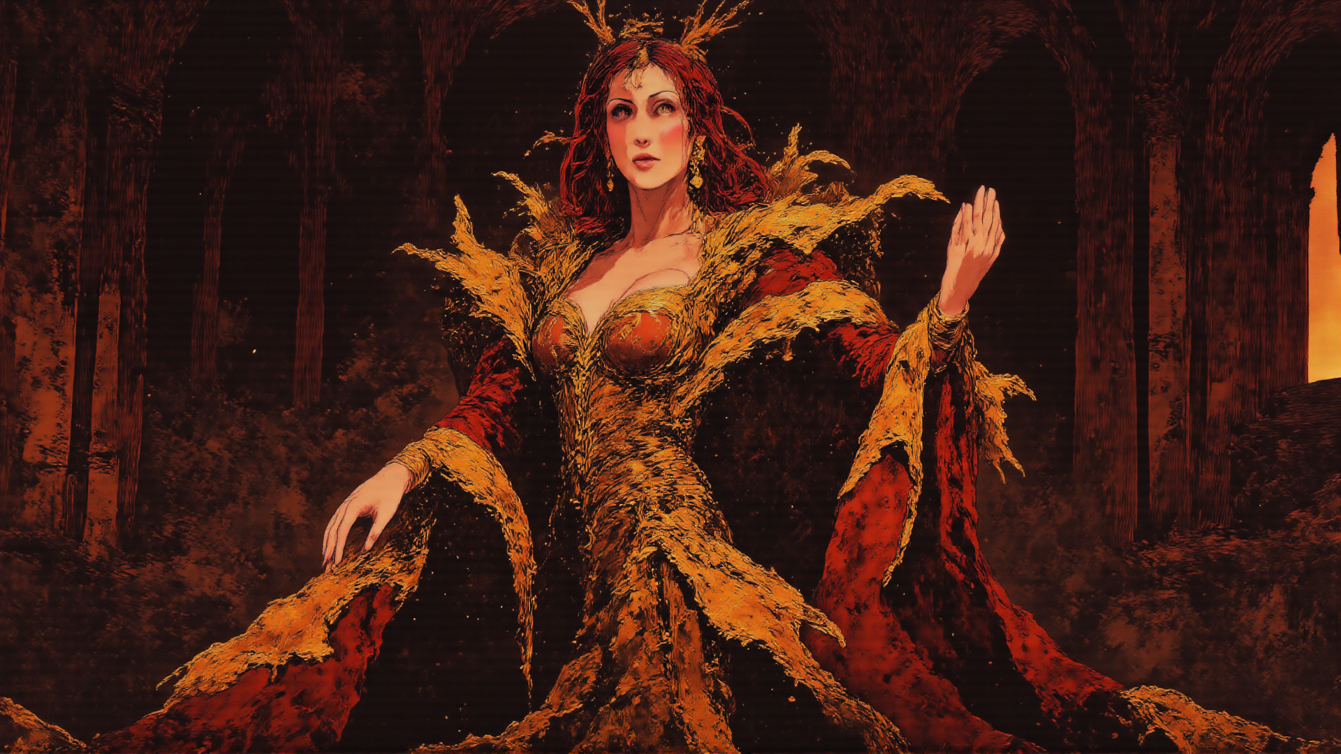 AI generated wallpaper featuring queen, woman, forest, ancient, coronation, fashion, crown, dress, tree, ruins