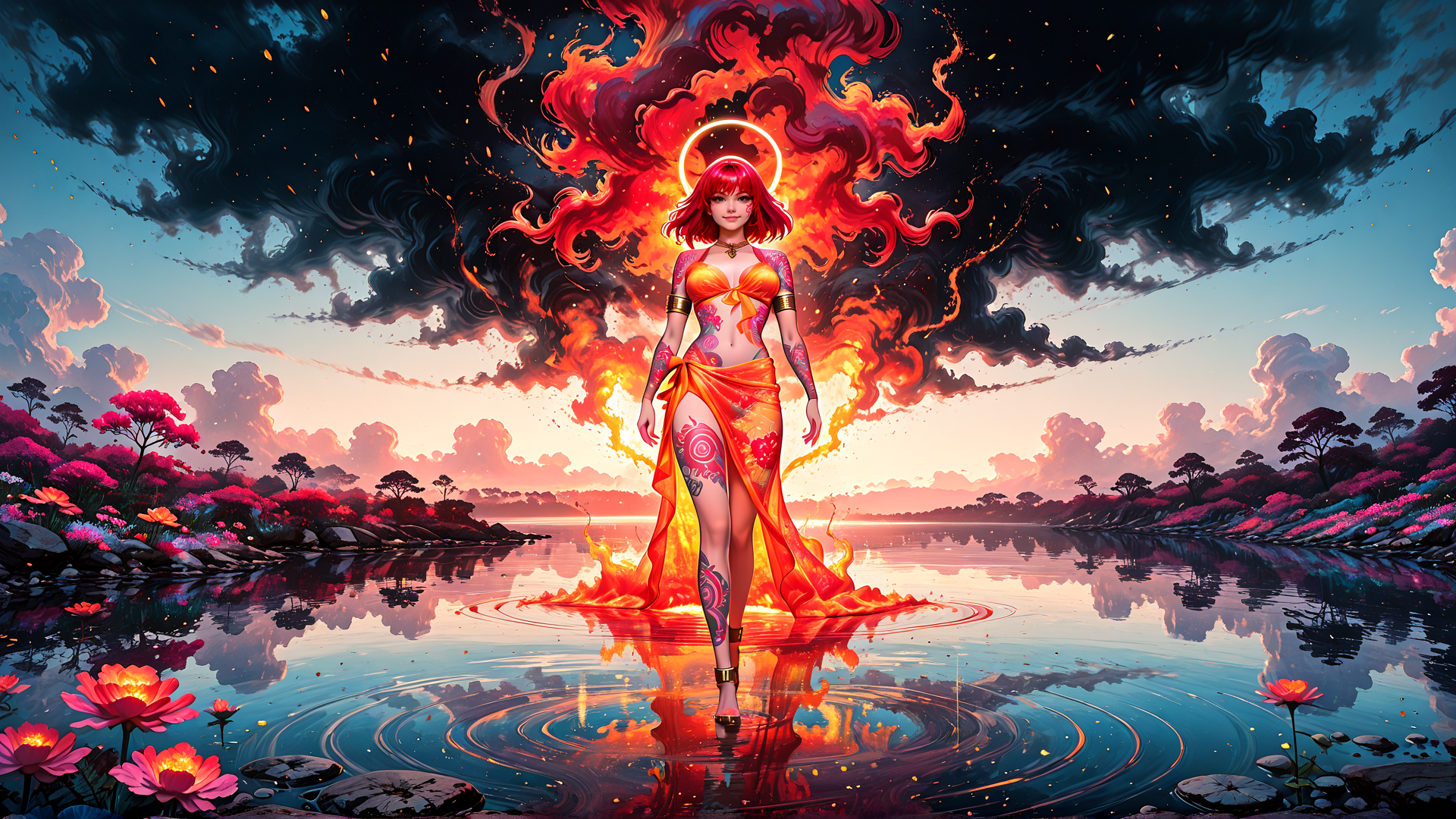AI generated wallpaper featuring woman, fire, nature, water, flowers, clouds