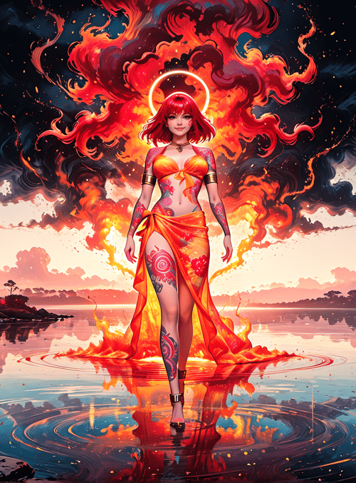 woman, fire, nature, water, flowers, clouds