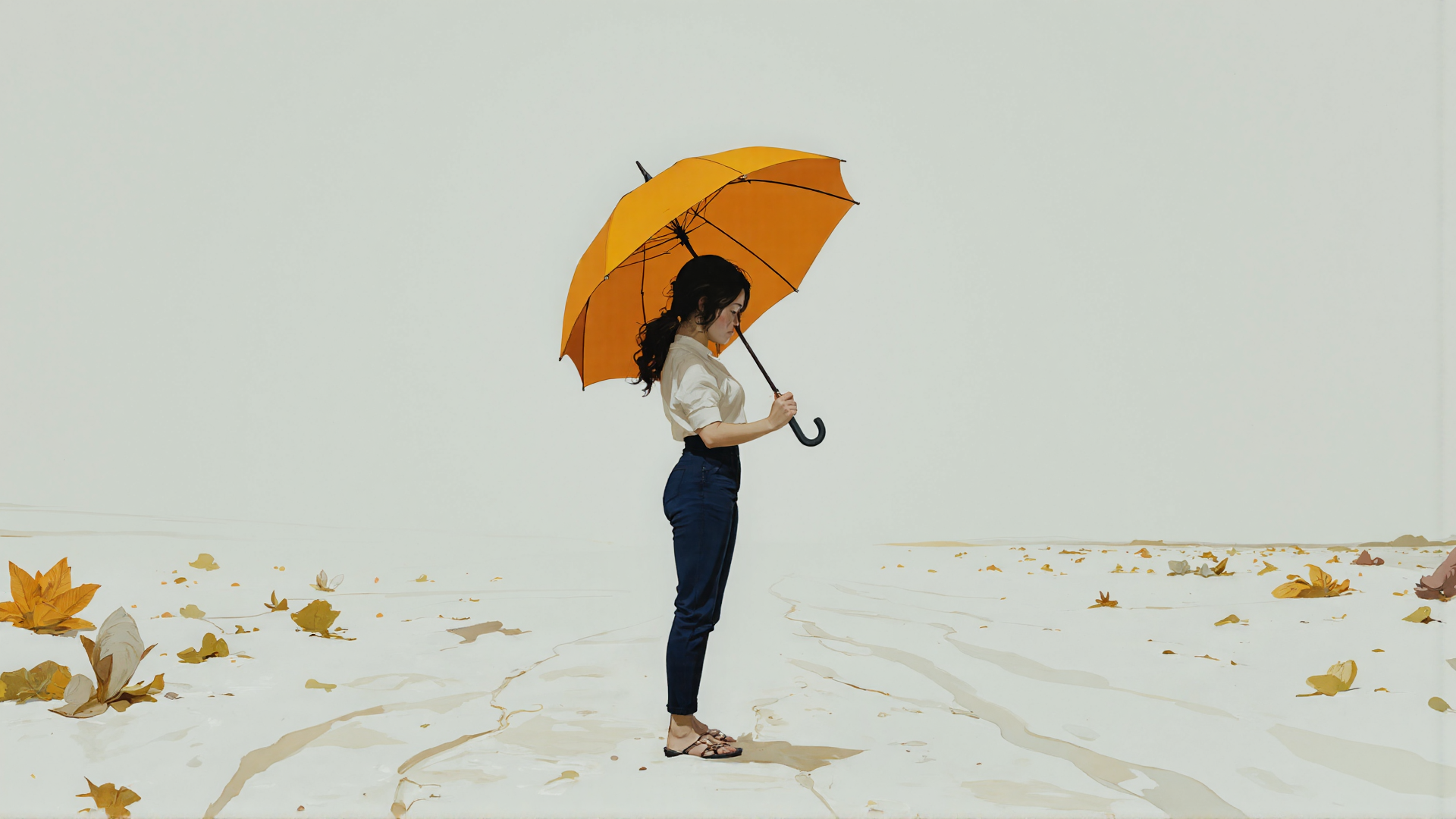 AI generated wallpaper featuring woman, umbrella, leaves